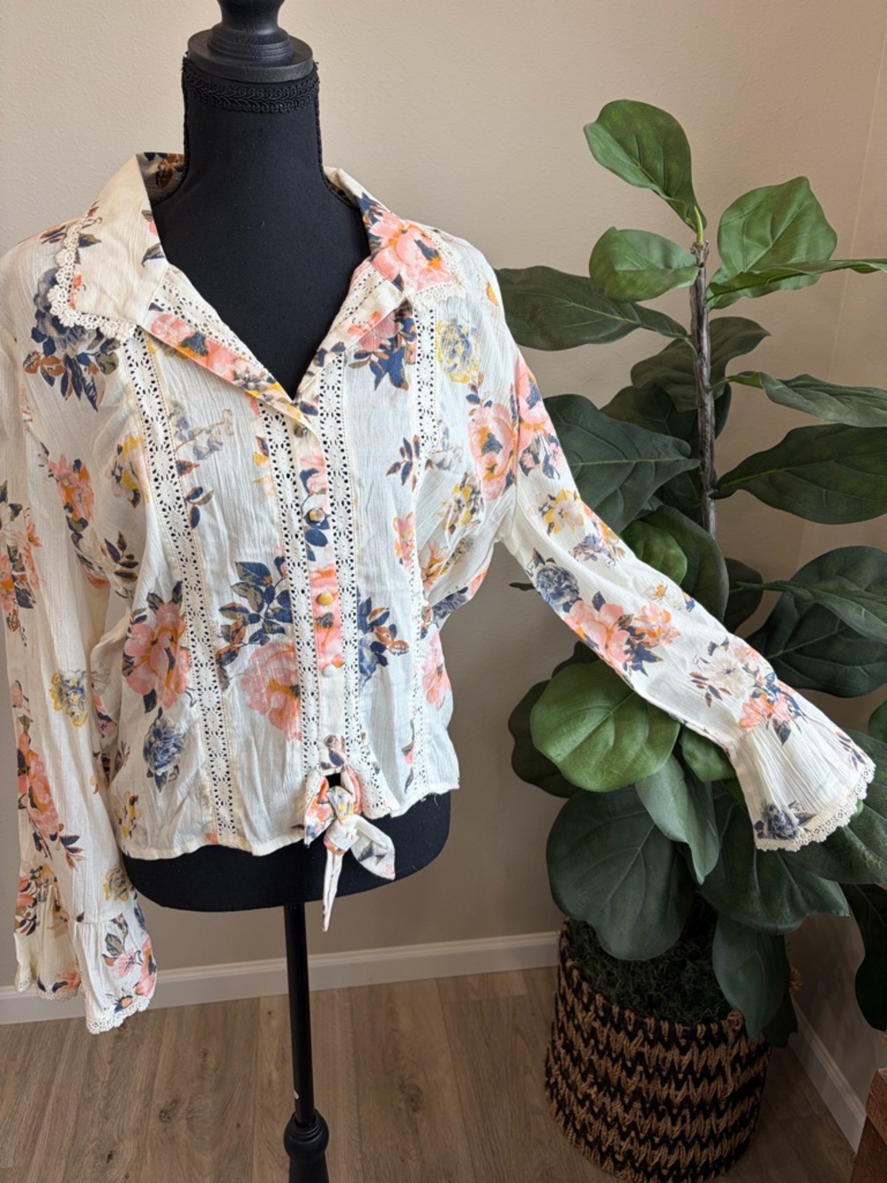 American Rag Cream Floral Button-Front Tie Blouse with Pink & Blue Flowers